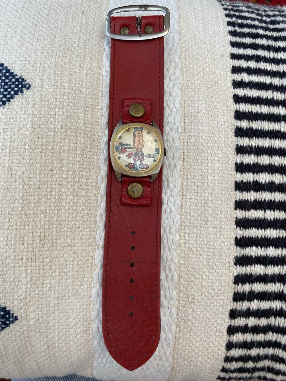 VINTAGE Spiro Agnew Watch "Dirty Time Company" Swiss Made WIDE Red BAND